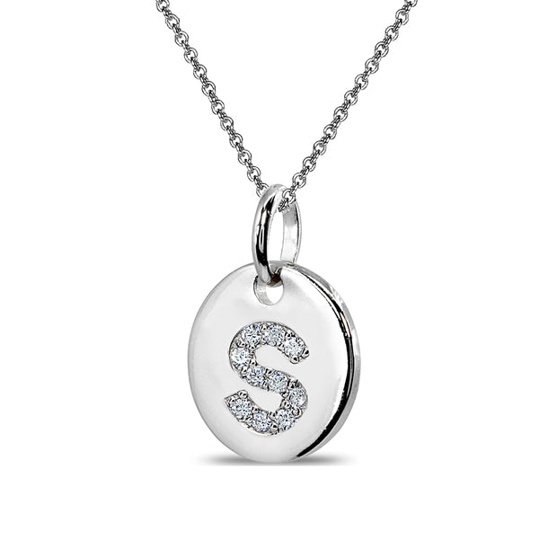 Sterling Silver S Letter CZ Initial Alphabet Name Personalized Pendant Necklace, 15” + Extender
