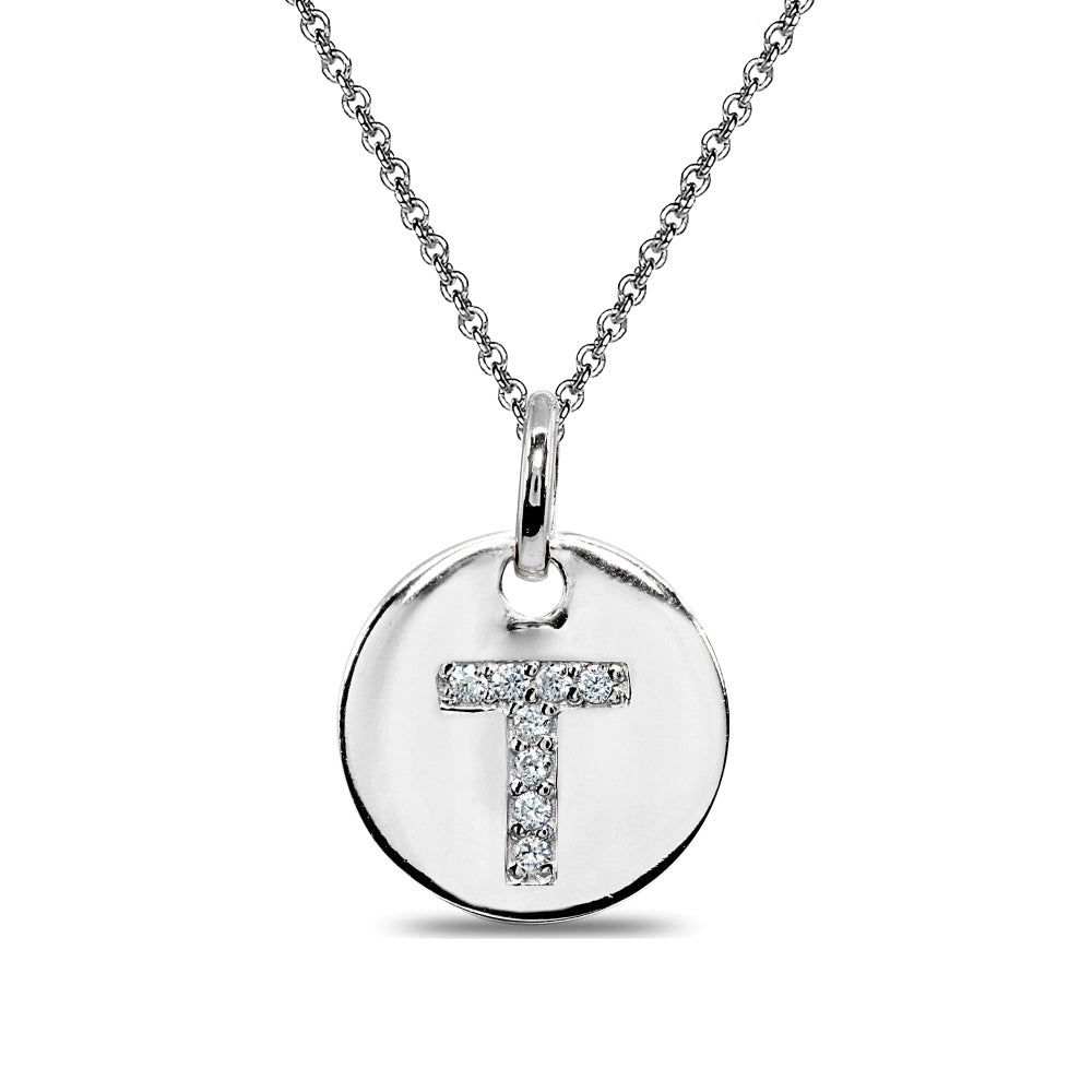 Sterling Silver T Letter CZ Initial Alphabet Name Personalized Pendant Necklace, 15” + Extender