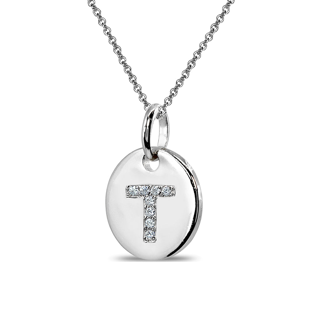 Sterling Silver T Letter CZ Initial Alphabet Name Personalized Pendant Necklace, 15” + Extender-2