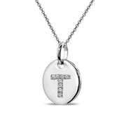 Sterling Silver T Letter CZ Initial Alphabet Name Personalized Pendant Necklace, 15” + Extender