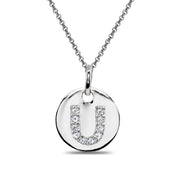 Sterling Silver U Letter CZ Initial Alphabet Name Personalized Pendant Necklace, 15” + Extender