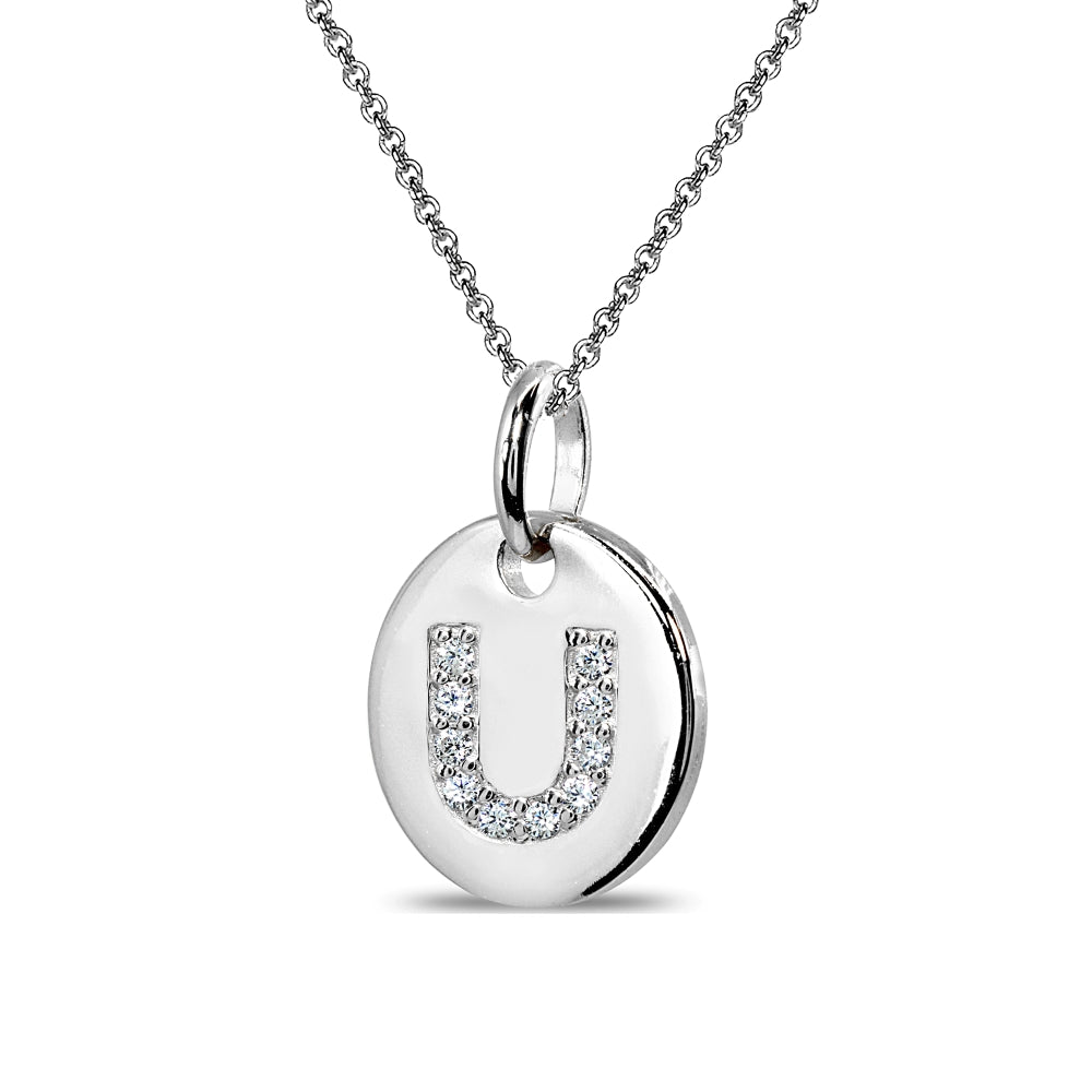 Sterling Silver U Letter CZ Initial Alphabet Name Personalized Pendant Necklace, 15” + Extender-2