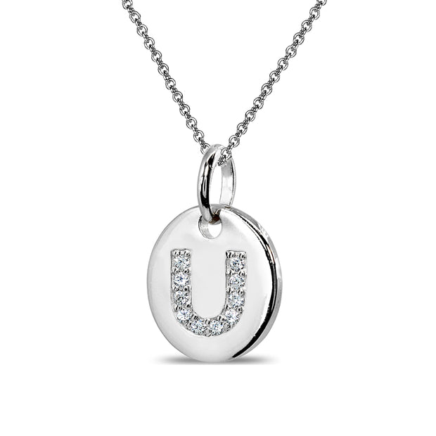 Sterling Silver U Letter CZ Initial Alphabet Name Personalized Pendant Necklace, 15” + Extender
