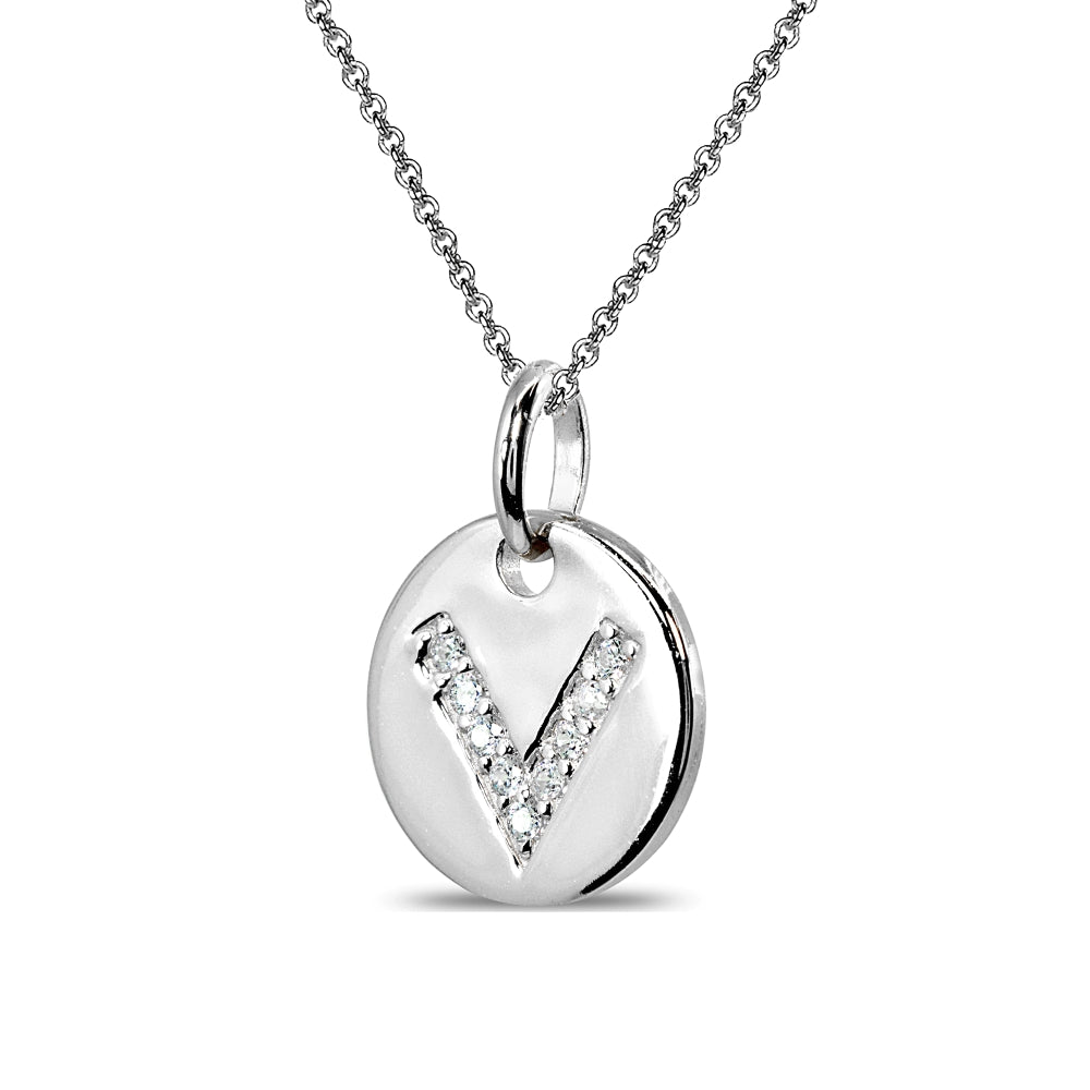 Sterling Silver V Letter CZ Initial Alphabet Name Personalized Pendant Necklace, 15” + Extender-2