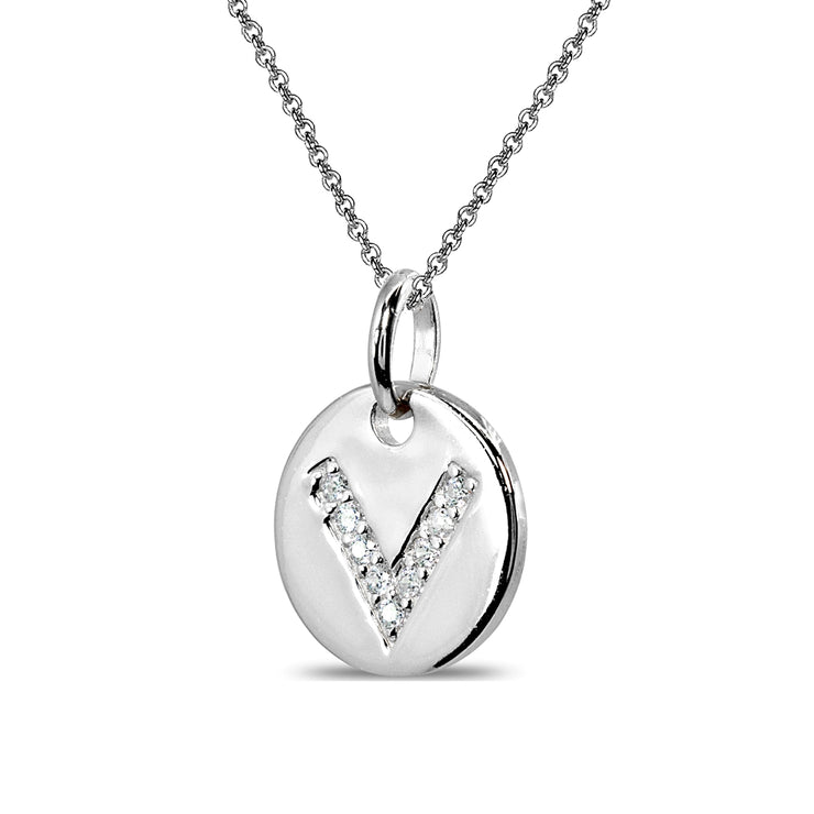 Sterling Silver V Letter CZ Initial Alphabet Name Personalized Pendant Necklace, 15” + Extender