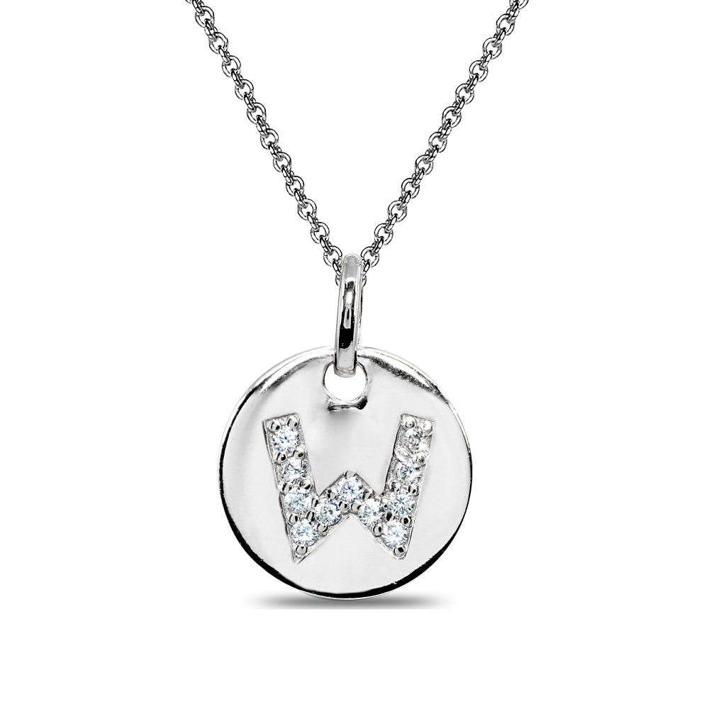 Sterling Silver W Letter CZ Initial Alphabet Name Personalized Pendant Necklace, 15” + Extender