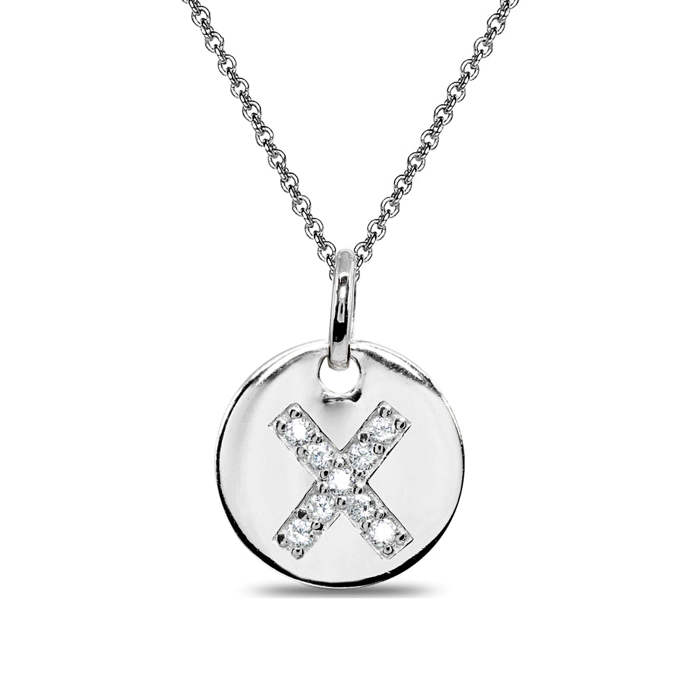 Sterling Silver X Letter CZ Initial Alphabet Name Personalized Pendant Necklace, 15” + Extender