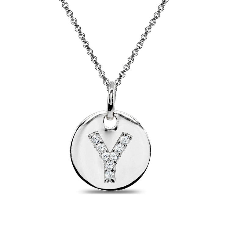 Sterling Silver Y Letter CZ Initial Alphabet Name Personalized Pendant Necklace, 15” + Extender