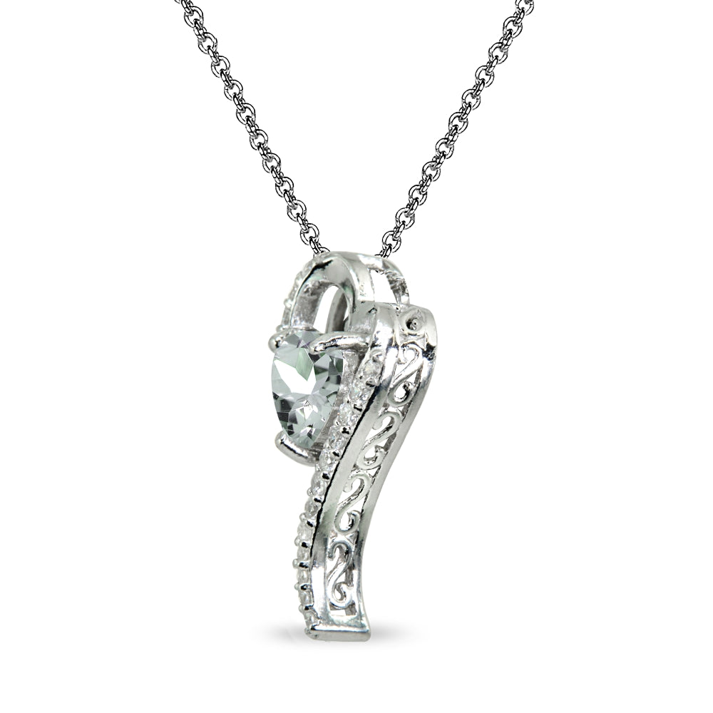 Sterling Silver Light Aquamarine Heart Slide Pendant Necklace with Cubic Zirconia Accents-2