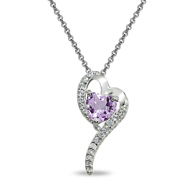 Sterling Silver Amethyst Heart Slide Pendant Necklace with Cubic Zirconia Accents
