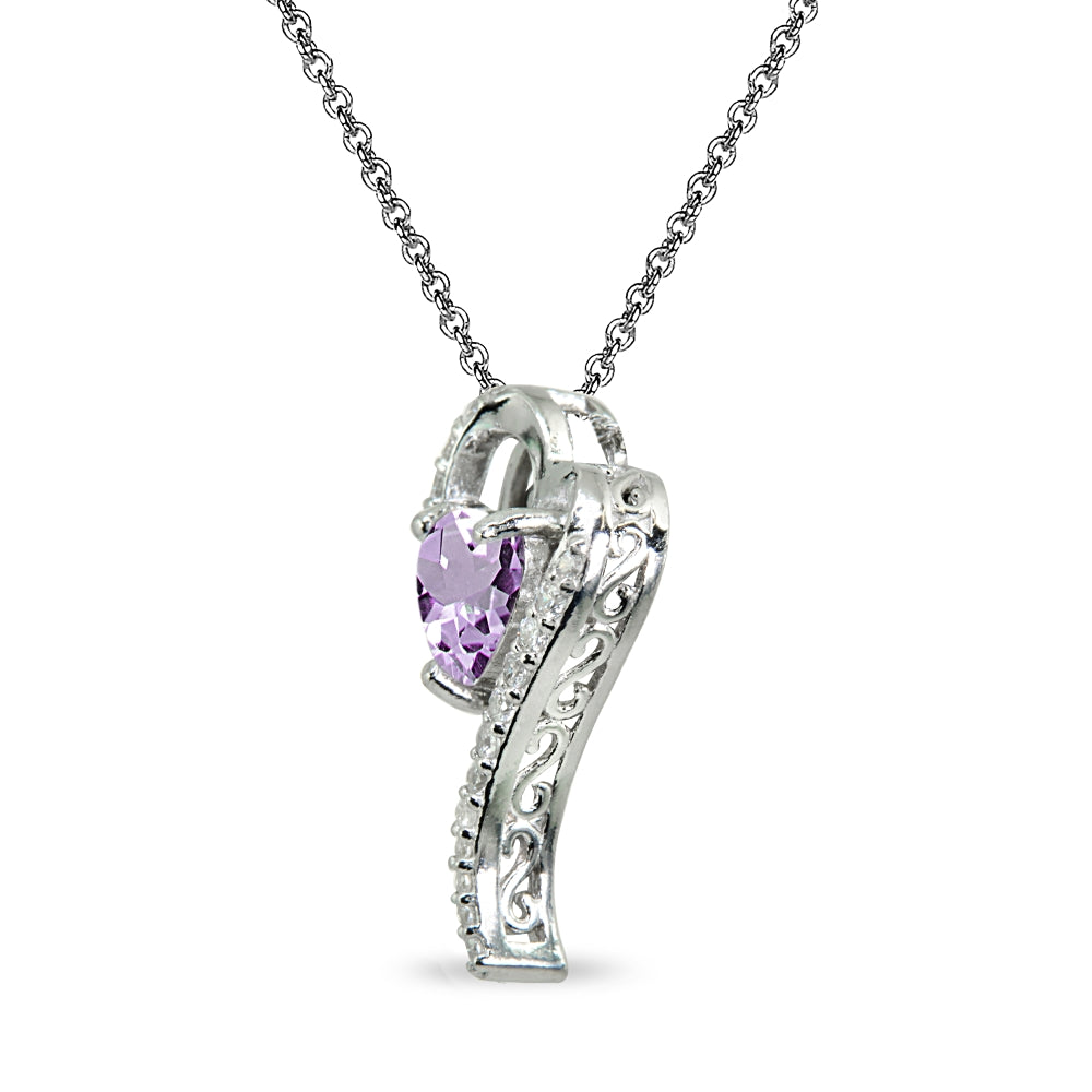 Sterling Silver Amethyst Heart Slide Pendant Necklace with Cubic Zirconia Accents-2