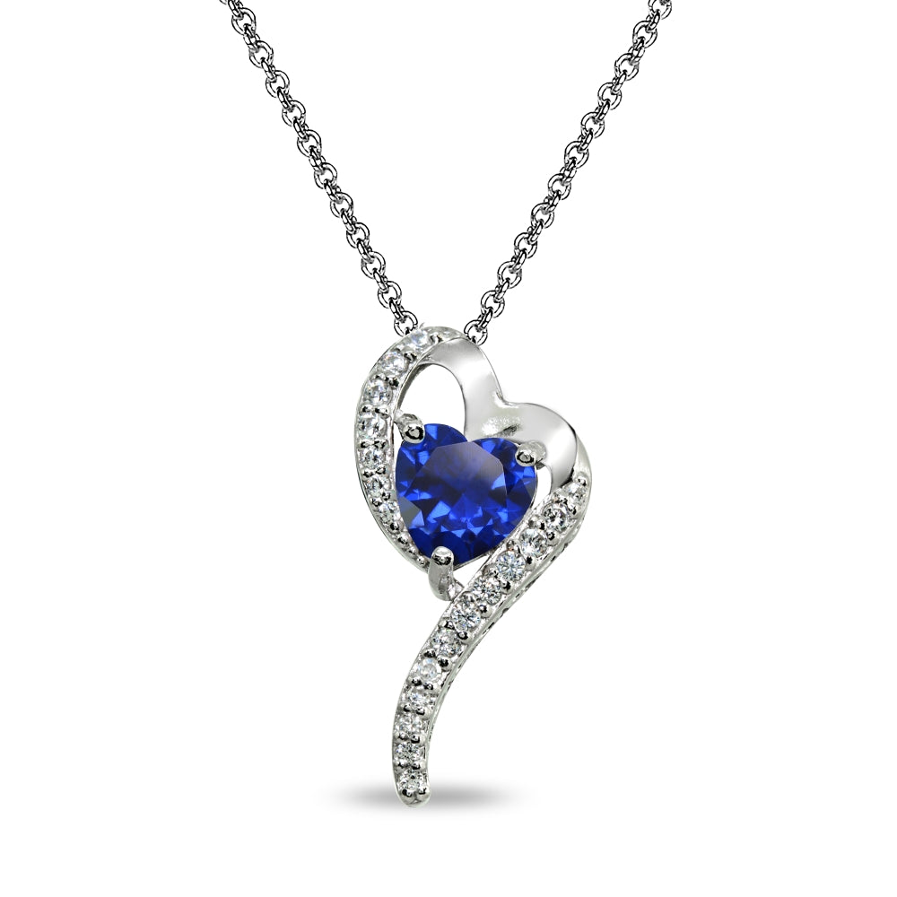 Sterling Silver Created Blue Sapphire Heart Slide Pendant Necklace with Cubic Zirconia Accents