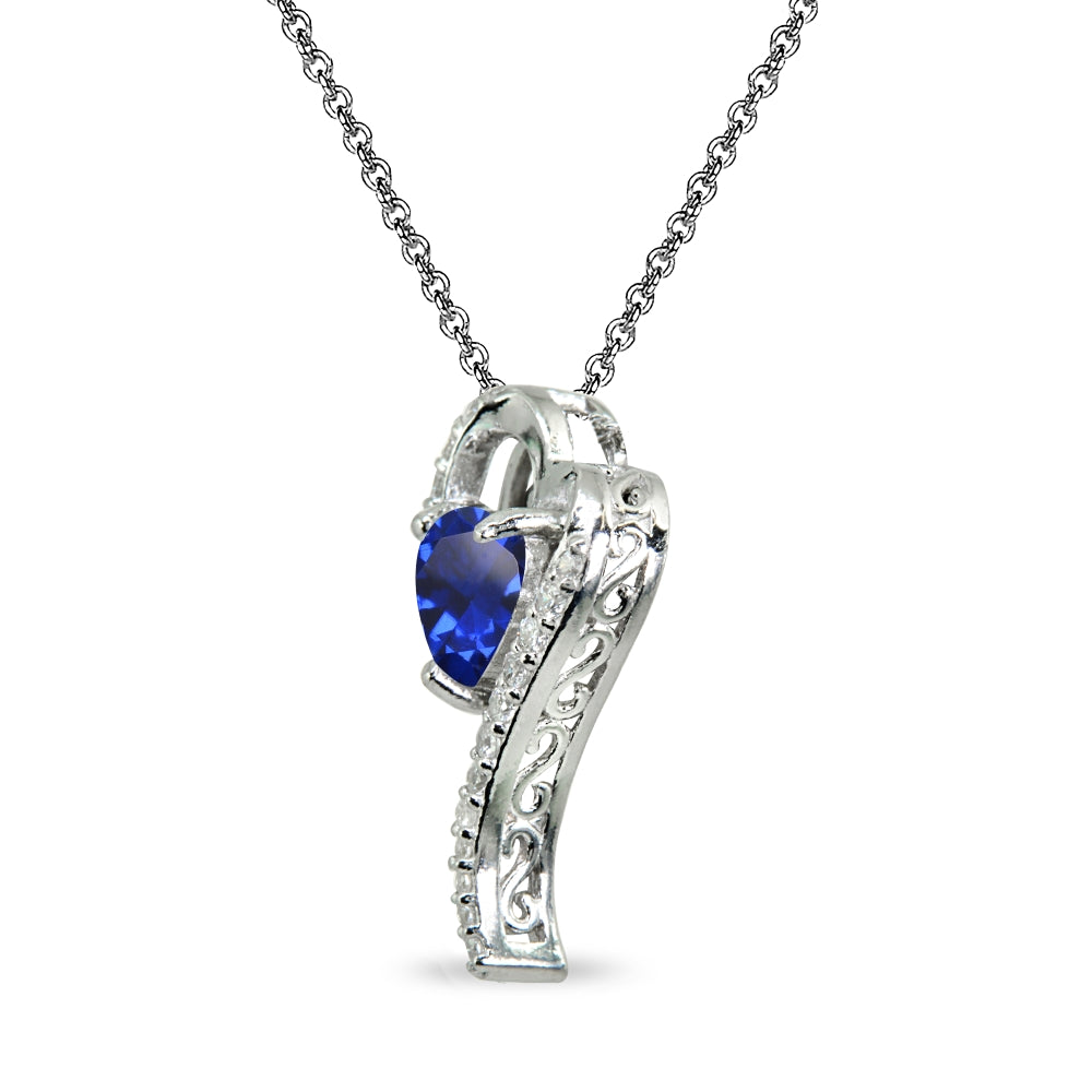 Sterling Silver Created Blue Sapphire Heart Slide Pendant Necklace with Cubic Zirconia Accents-2