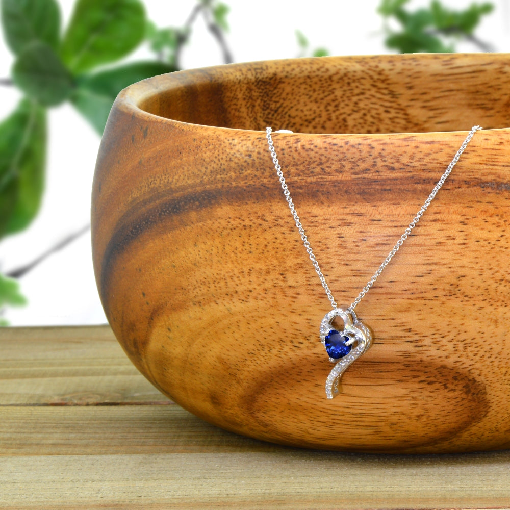 Sterling Silver Created Blue Sapphire Heart Slide Pendant Necklace with Cubic Zirconia Accents-3