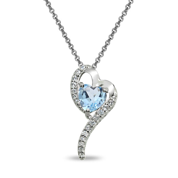 Sterling Silver Blue Topaz Heart Slide Pendant Necklace with Cubic Zirconia Accents