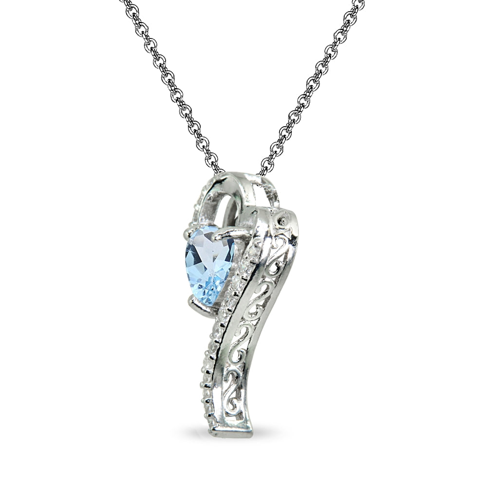 Sterling Silver Blue Topaz Heart Slide Pendant Necklace with Cubic Zirconia Accents-2