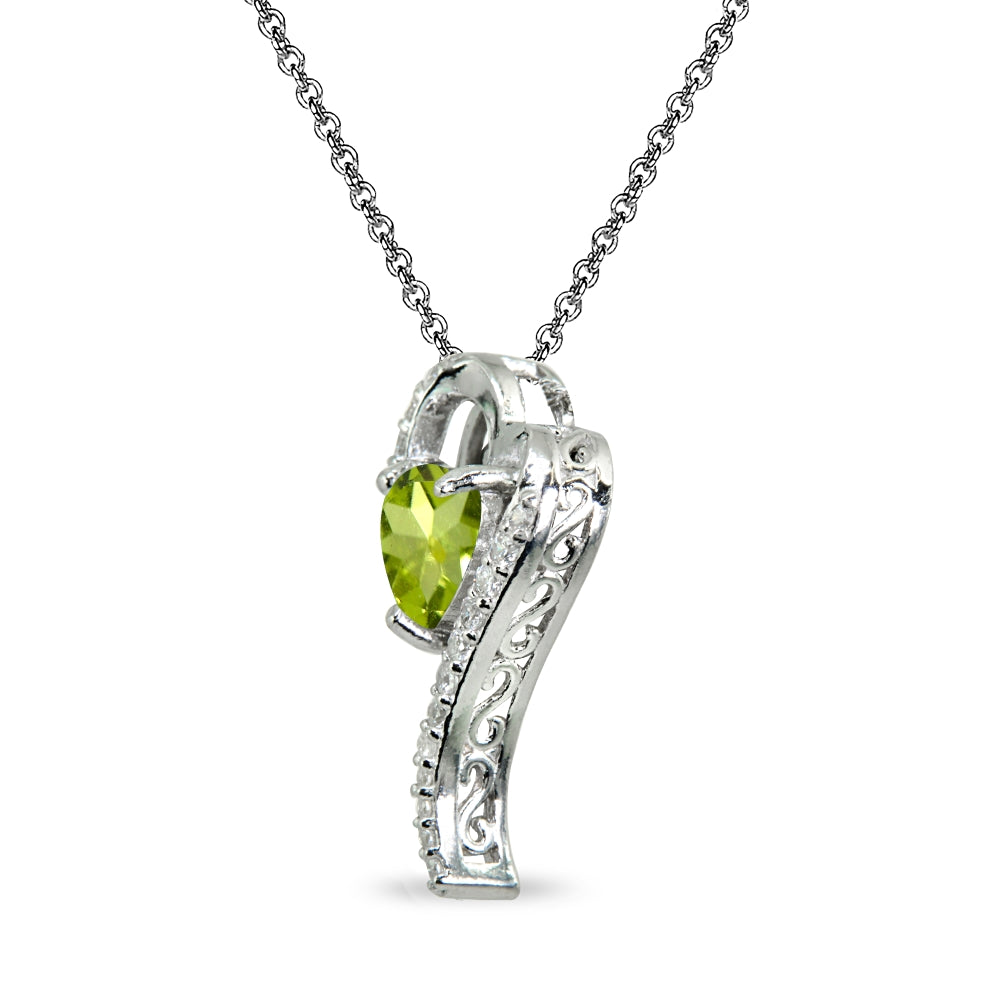 Sterling Silver Peridot Heart Slide Pendant Necklace with Cubic Zirconia Accents-2
