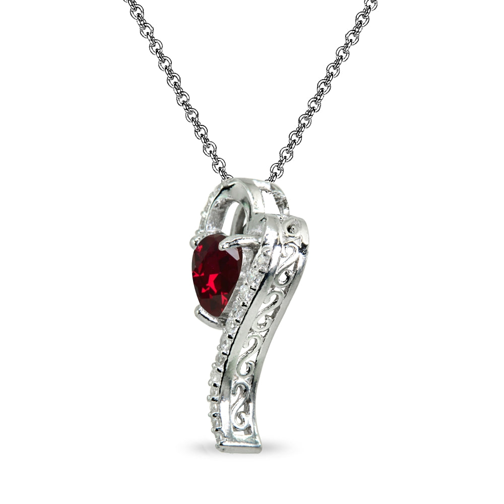 Sterling Silver Created Ruby Heart Slide Pendant Necklace with Cubic Zirconia Accents-2