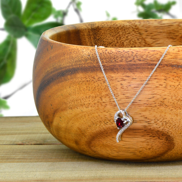 Sterling Silver Created Ruby Heart Slide Pendant Necklace with Cubic Zirconia Accents