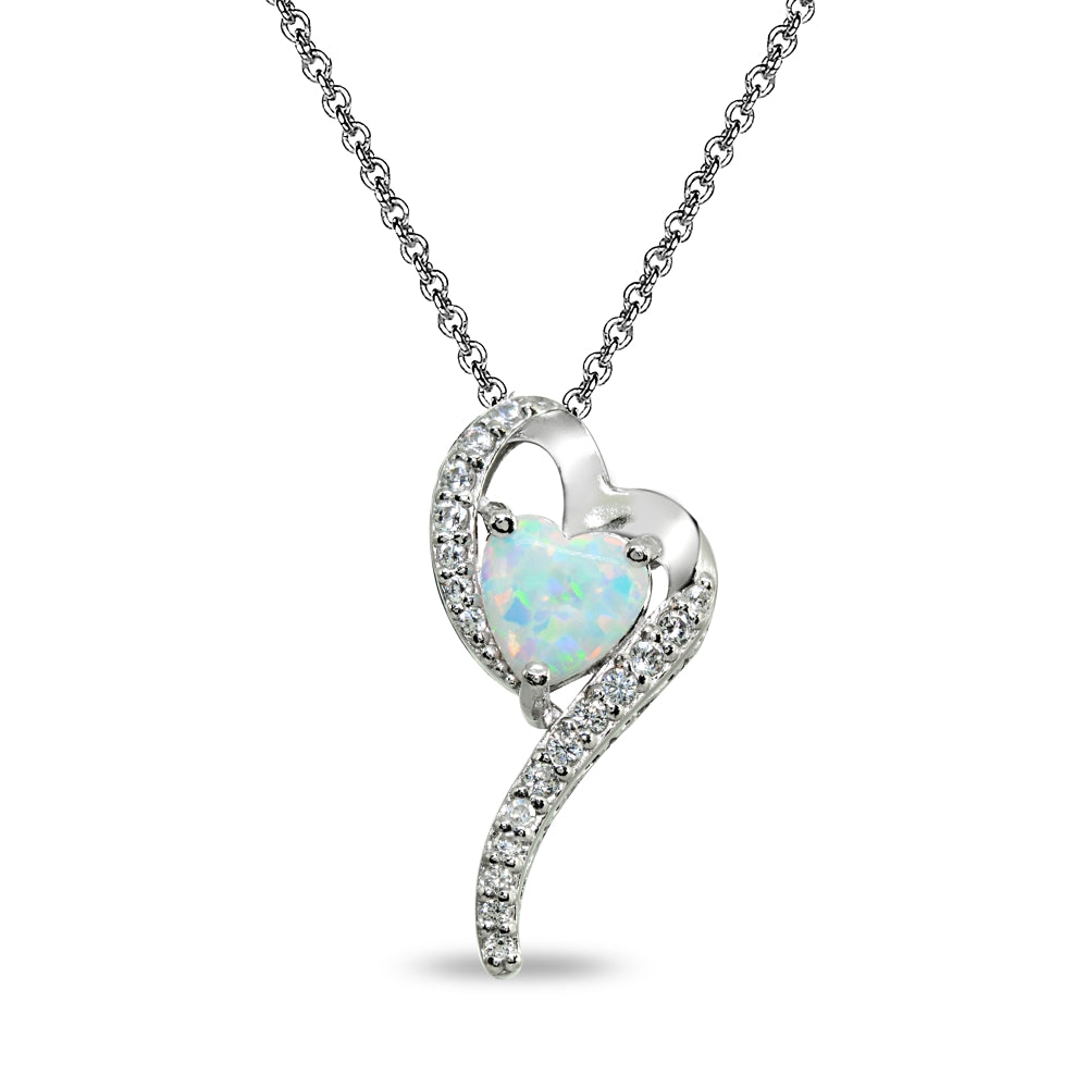 Sterling Silver Created White Opal Heart Slide Pendant Necklace with Cubic Zirconia Accents