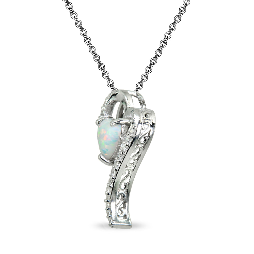 Sterling Silver Created White Opal Heart Slide Pendant Necklace with Cubic Zirconia Accents-2