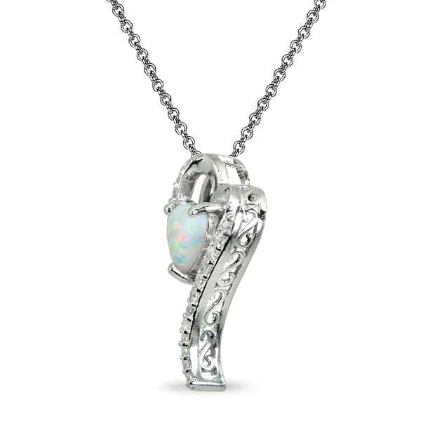 Sterling Silver Created White Opal Heart Slide Pendant Necklace with Cubic Zirconia Accents