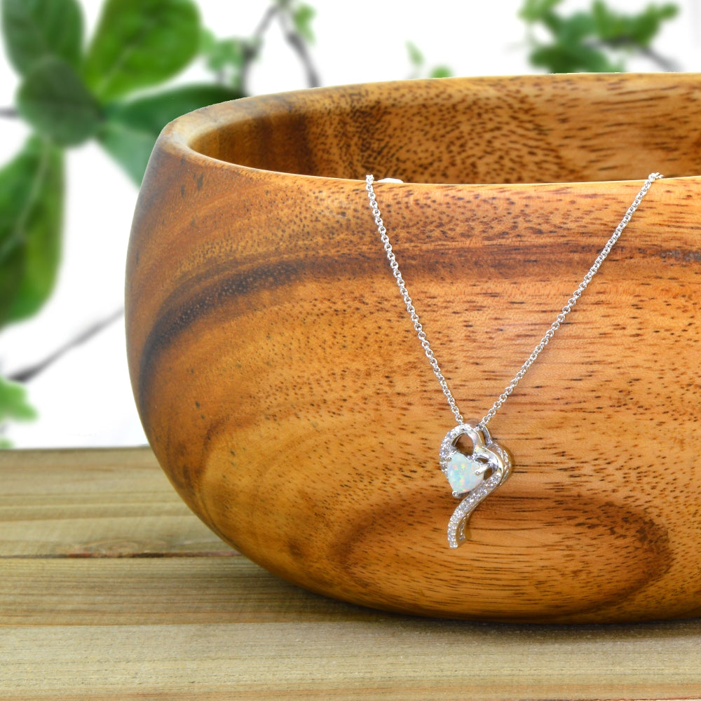 Sterling Silver Created White Opal Heart Slide Pendant Necklace with Cubic Zirconia Accents-3