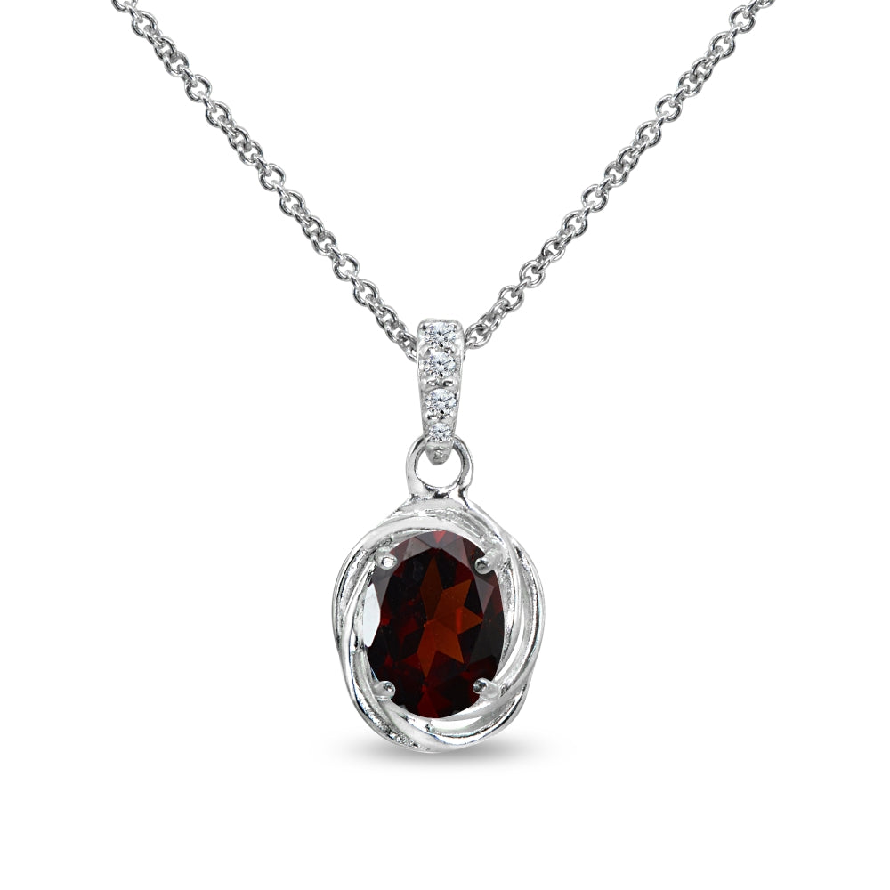 Sterling Silver Garnet & Cubic Zirconia 8x6mm Oval Love Knot Pendant Necklace