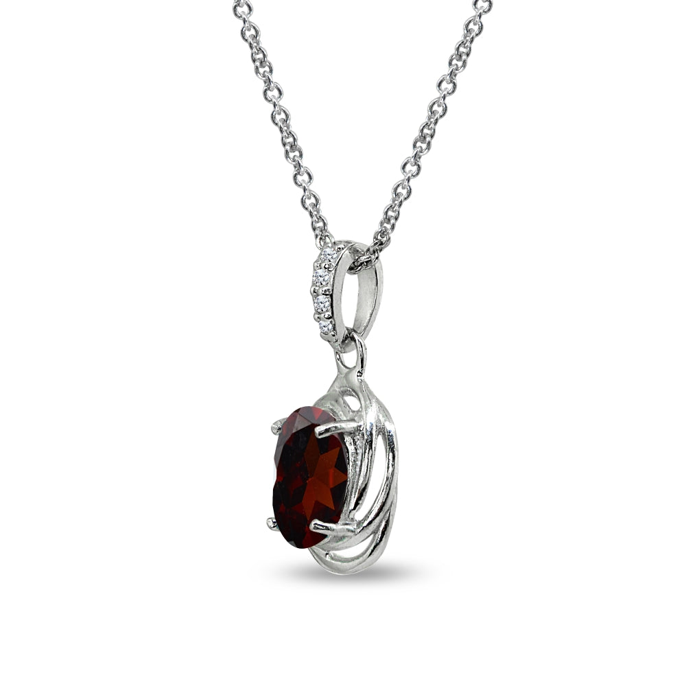 Sterling Silver Garnet & Cubic Zirconia 8x6mm Oval Love Knot Pendant Necklace-2