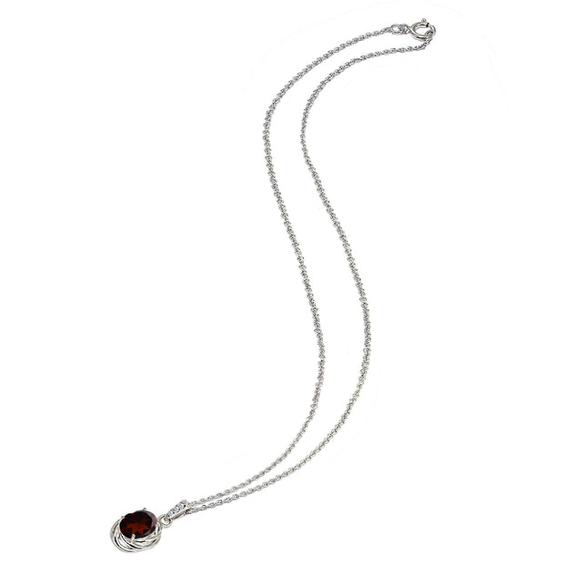 Sterling Silver Garnet & Cubic Zirconia 8x6mm Oval Love Knot Pendant Necklace
