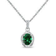 Sterling Silver Created Emerald & Cubic Zirconia 8x6mm Oval Love Knot Pendant Necklace