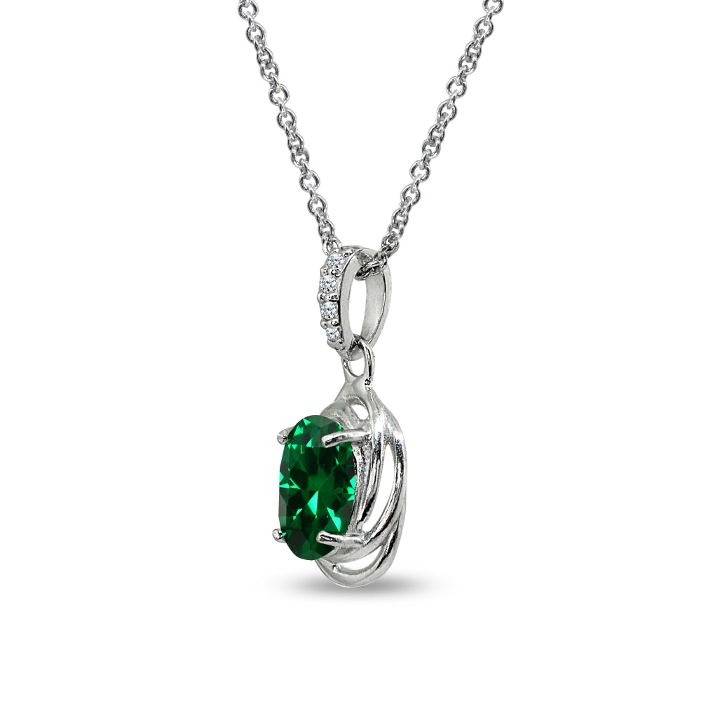 Sterling Silver Created Emerald & Cubic Zirconia 8x6mm Oval Love Knot Pendant Necklace-2