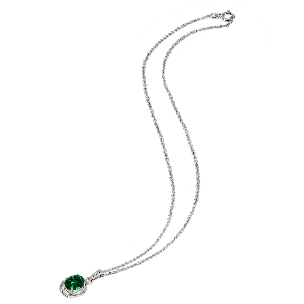 Sterling Silver Created Emerald & Cubic Zirconia 8x6mm Oval Love Knot Pendant Necklace-3