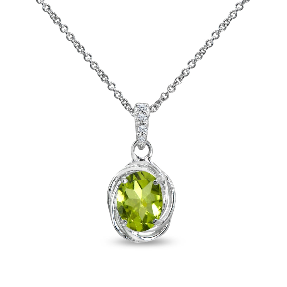 Sterling Silver Peridot & Cubic Zirconia 8x6mm Oval Love Knot Pendant Necklace