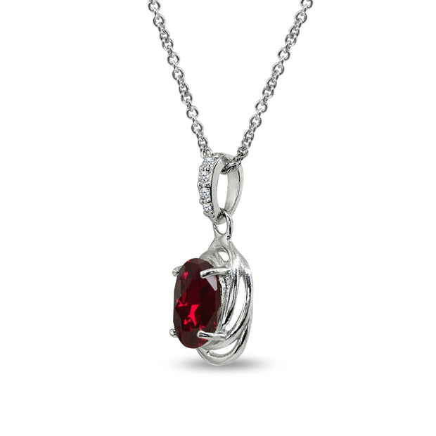Sterling Silver Created Ruby & Cubic Zirconia 8x6mm Oval Love Knot Pendant Necklace