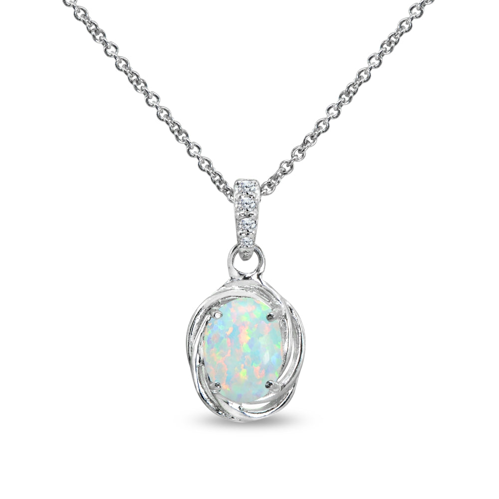 Sterling Silver Created White Opal & Cubic Zirconia 8x6mm Oval Love Knot Pendant Necklace