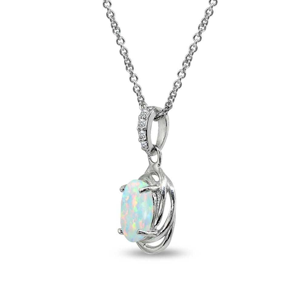 Sterling Silver Created White Opal & Cubic Zirconia 8x6mm Oval Love Knot Pendant Necklace-2