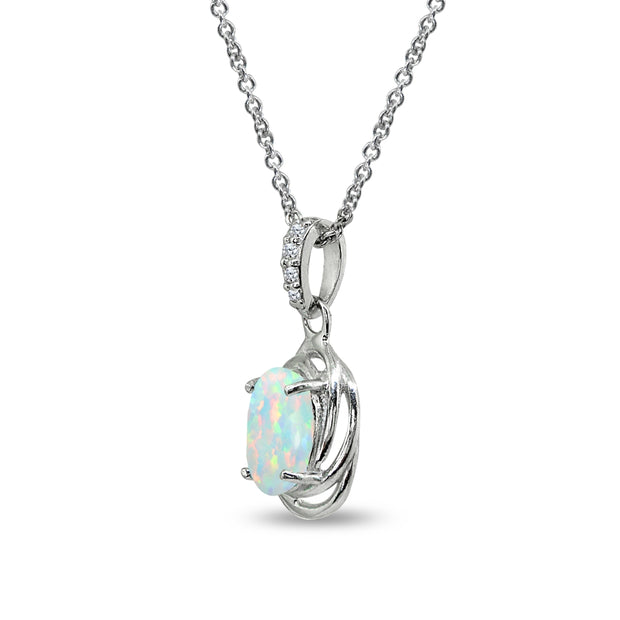 Sterling Silver Created White Opal & Cubic Zirconia 8x6mm Oval Love Knot Pendant Necklace