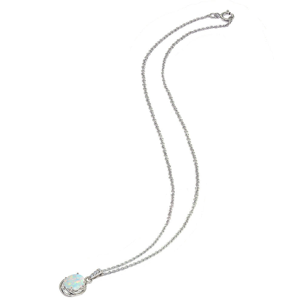 Sterling Silver Created White Opal & Cubic Zirconia 8x6mm Oval Love Knot Pendant Necklace-3