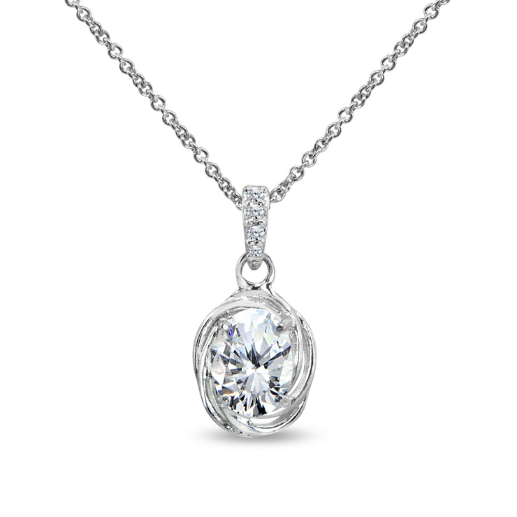 Sterling Silver Cubic Zirconia 8x6mm Oval Love Knot Pendant Necklace