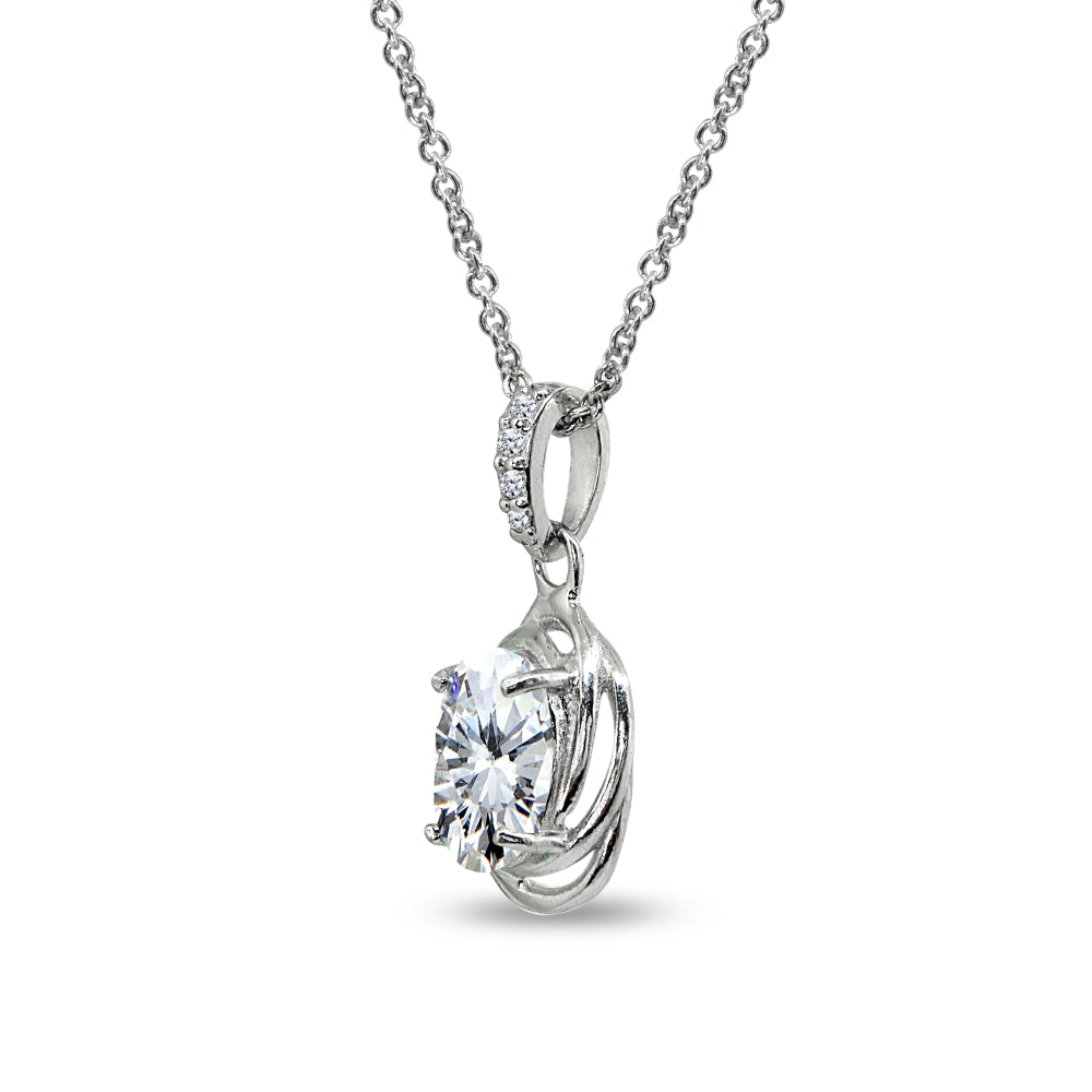 Sterling Silver Cubic Zirconia 8x6mm Oval Love Knot Pendant Necklace-2