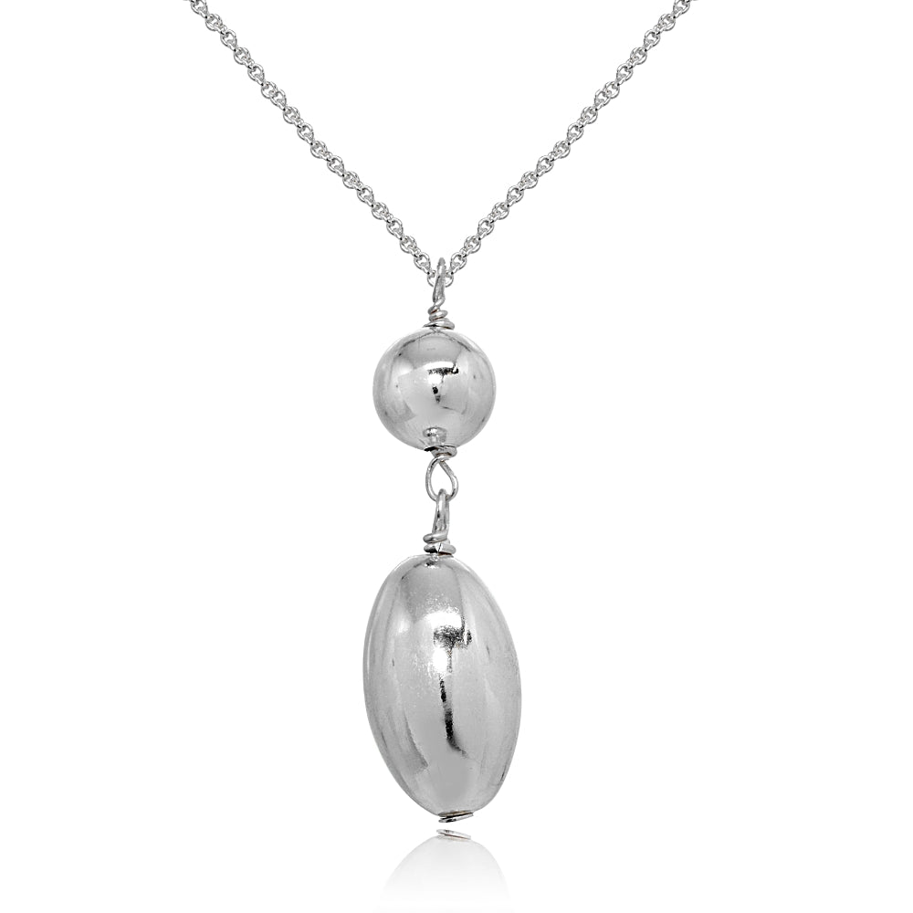Sterling Silver Polished Oval Round Bead Drop Chain Necklace, 16 Inch + Ext