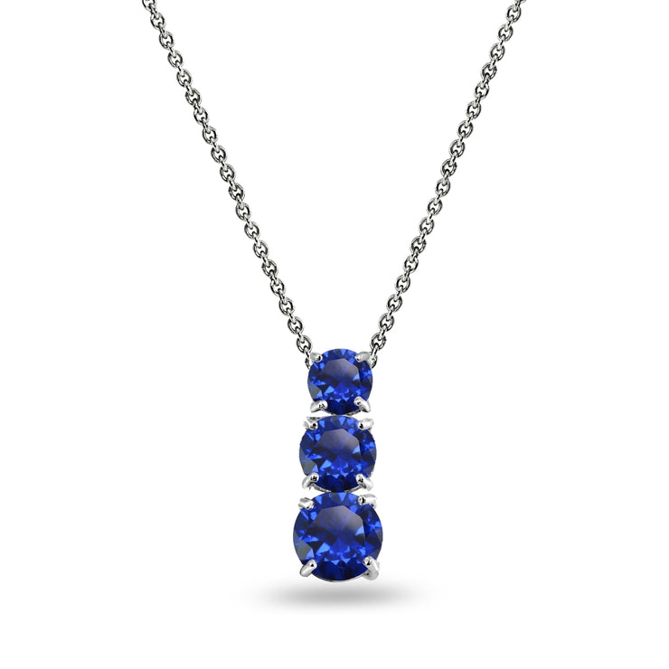 Sterling Silver Created Blue Sapphire Round 3-Stone Journey Slide Pendant Necklace