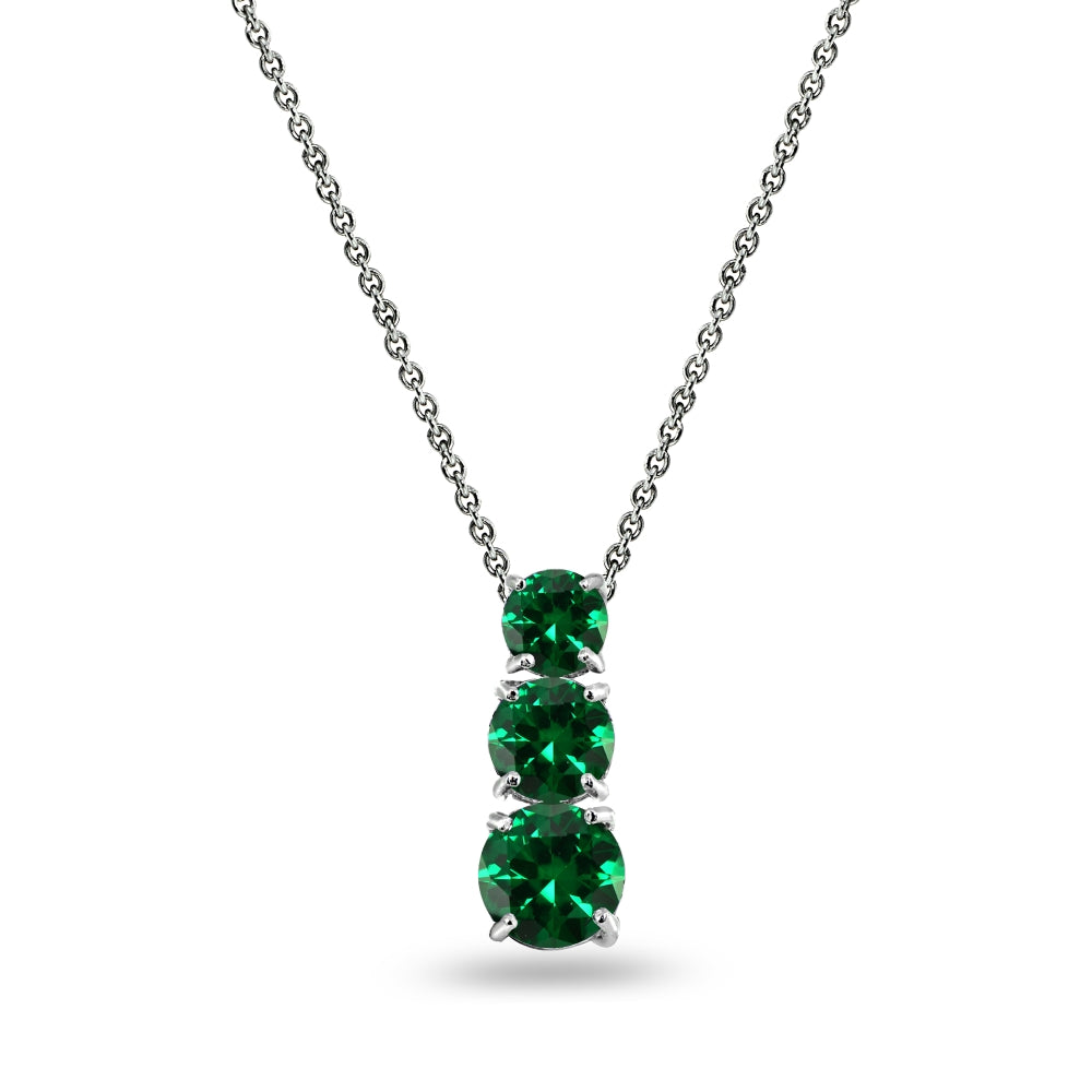 Sterling Silver Simulated Emerald Round 3-Stone Journey Slide Pendant Necklace