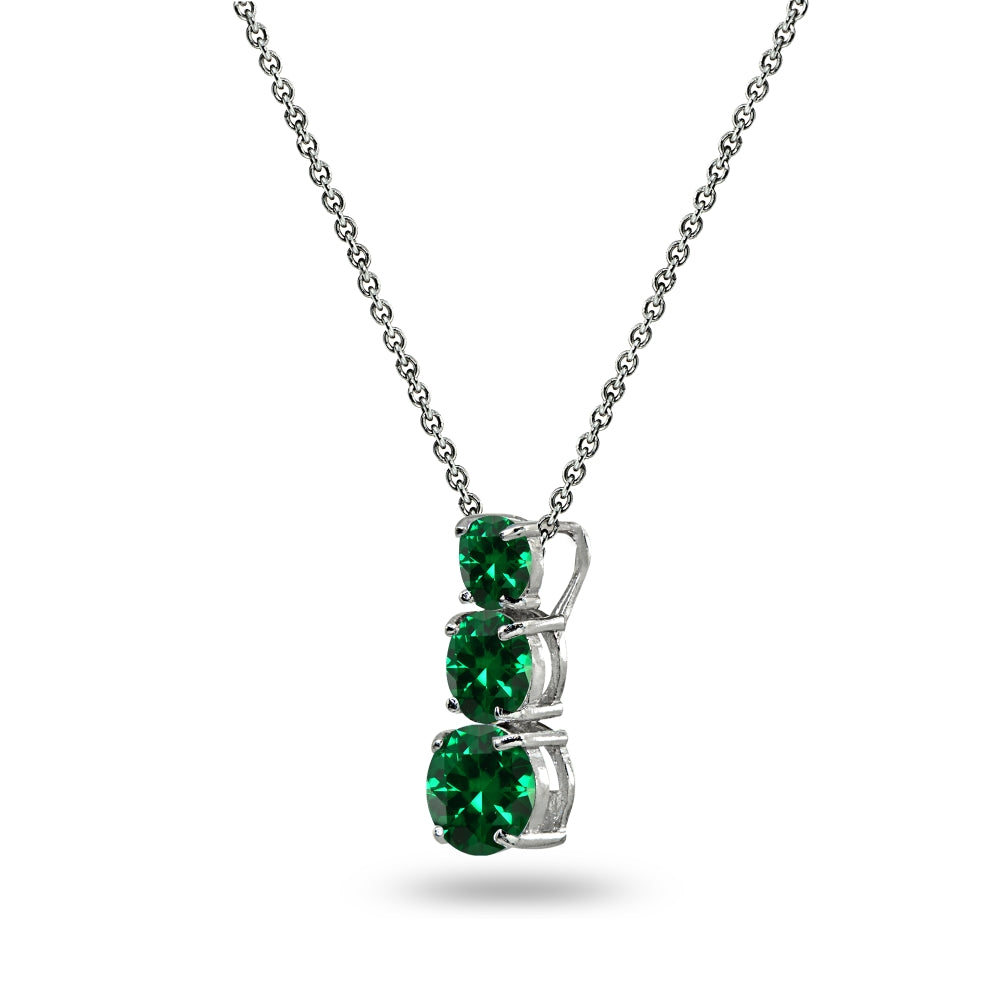 Sterling Silver Simulated Emerald Round 3-Stone Journey Slide Pendant Necklace-2