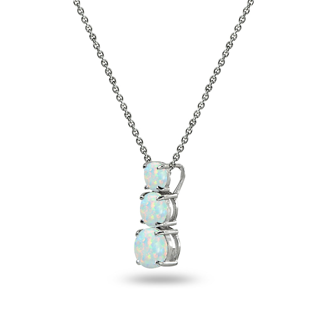 Sterling Silver Created White Opal Round 3-Stone Journey Slide Pendant Necklace-2