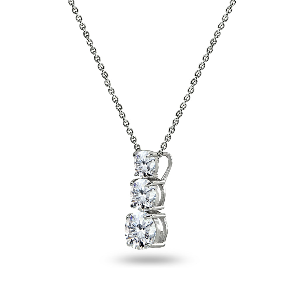 Sterling Silver Cubic Zirconia Round 3-Stone Journey Slide Pendant Necklace-2