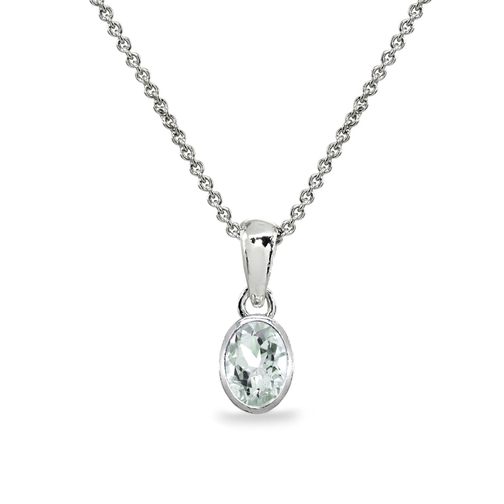 Sterling Silver Light Aquamarine 8x6mm Oval-Cut Bezel-Set Dainty Pendant Necklace