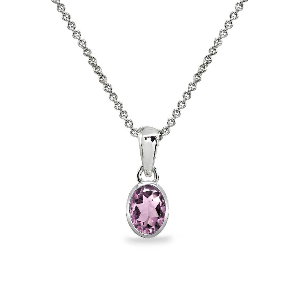Sterling Silver Created Alexandrite 8x6mm Oval-Cut Bezel-Set Dainty Pendant Necklace