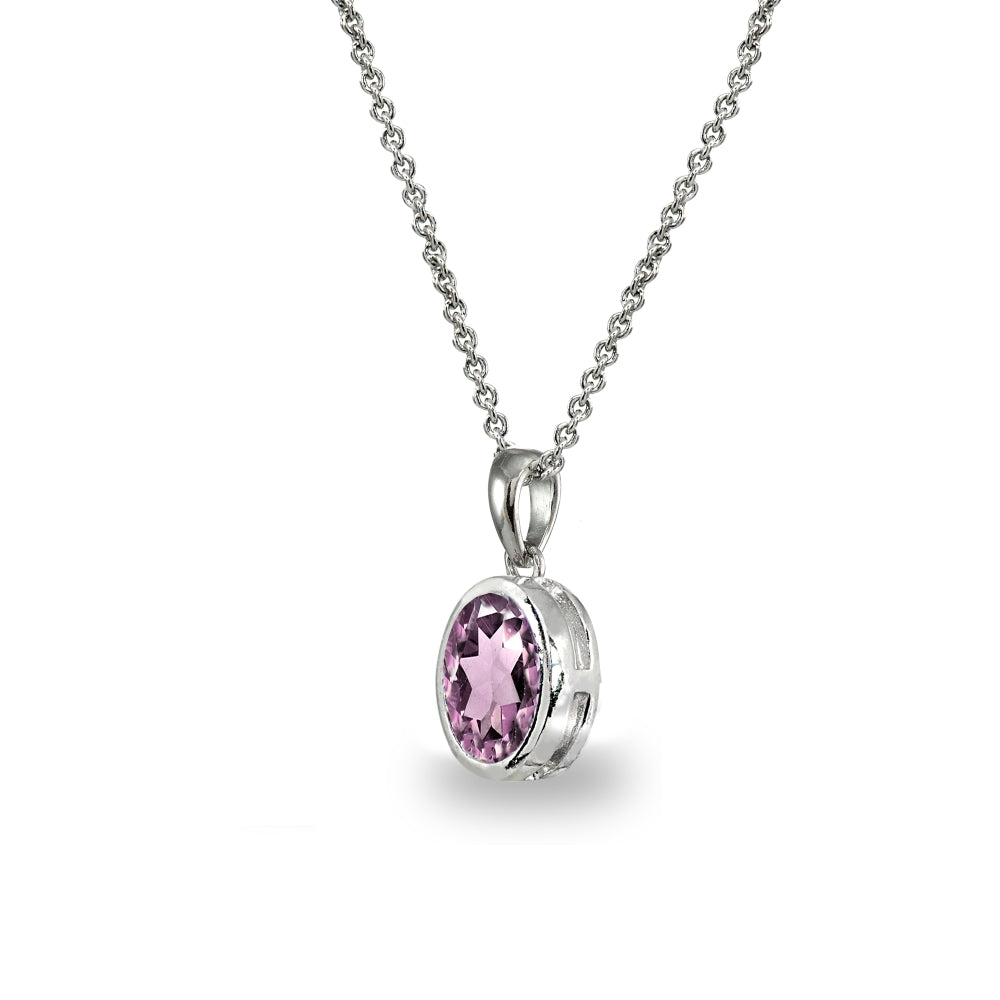 Sterling Silver Created Alexandrite 8x6mm Oval-Cut Bezel-Set Dainty Pendant Necklace-2
